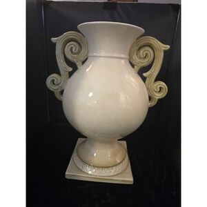Large 15" Trophy Style Vase Green and Cream Made in China